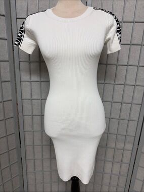 Michael Kors White Ribbed Short Sleeve Midi Dress with Black Logo Shoulder Tape